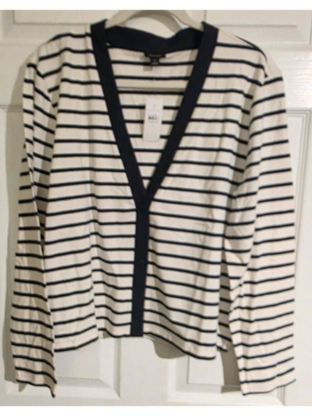 Ann Taylor Women's XL Black and White Striped V-Neck Blouse with Tags